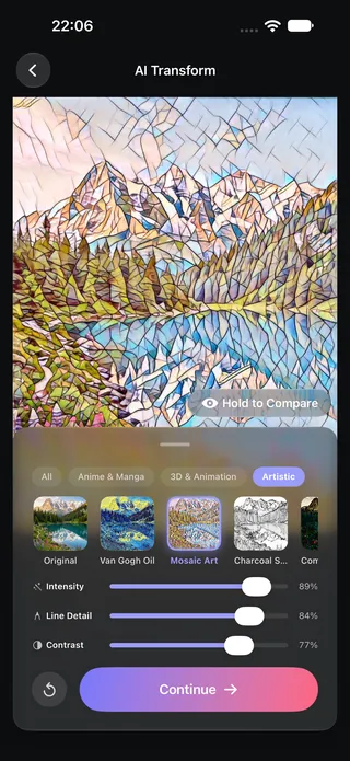 OptiPixel AI Transform with painting styles applied to a mountain lake photo