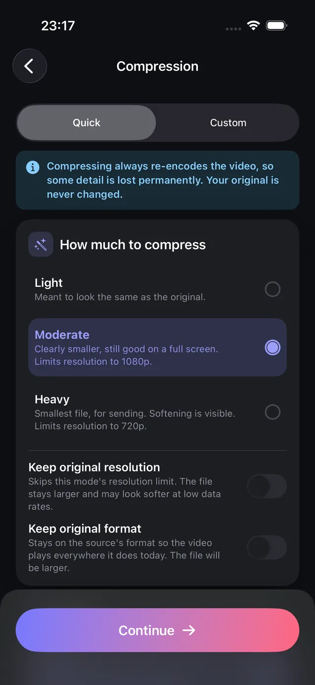 Compression and resize settings in OptiPixel