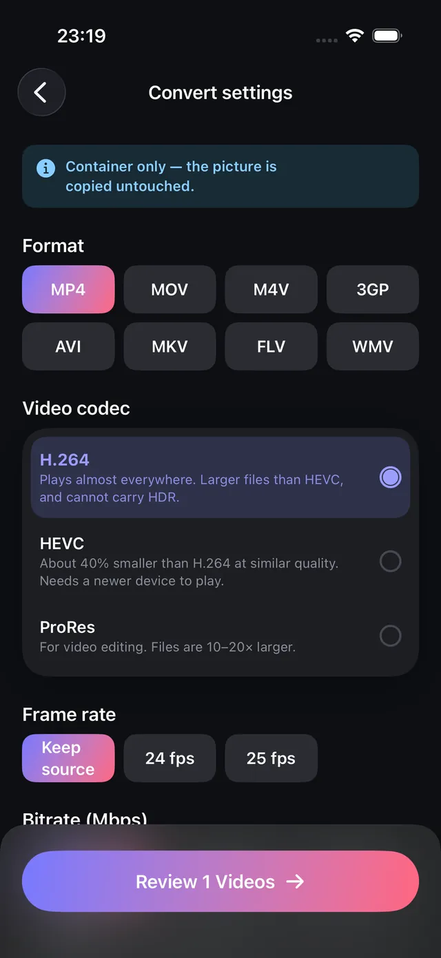 Video format options in OptiPixel Convert