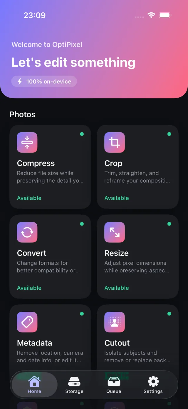 OptiPixel home screen listing its photo tools