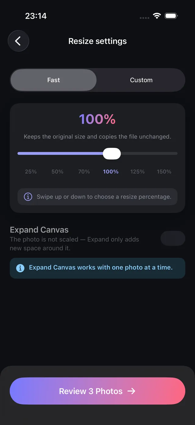 Compression and resize settings in OptiPixel