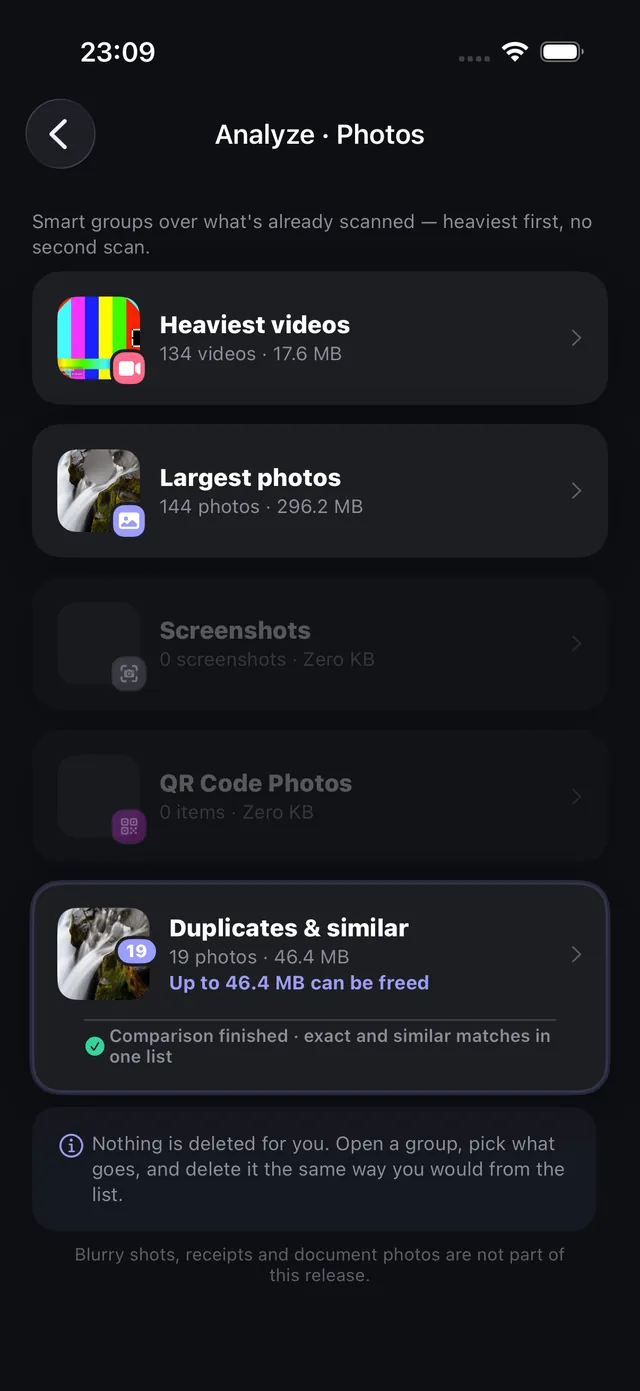 OptiPixel Storage listing the heaviest videos, largest photos and duplicates