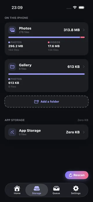 OptiPixel Storage showing heaviest videos, largest photos and duplicates
