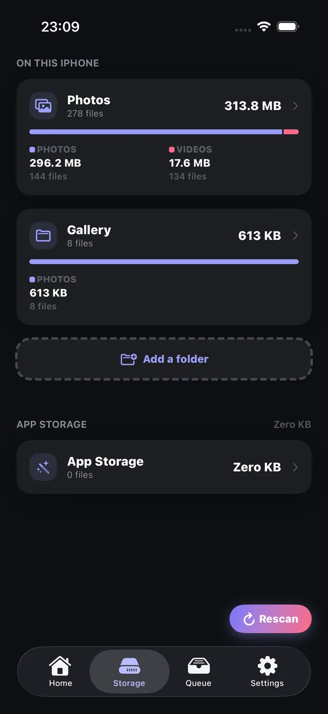 OptiPixel Storage listing the heaviest videos, largest photos and duplicates
